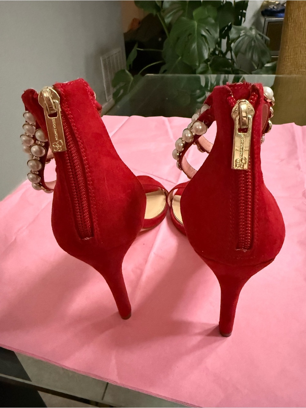 Jessica Simpson Red Pearl-Embellished Ankle-Strap Heels - Picture 4 of 5